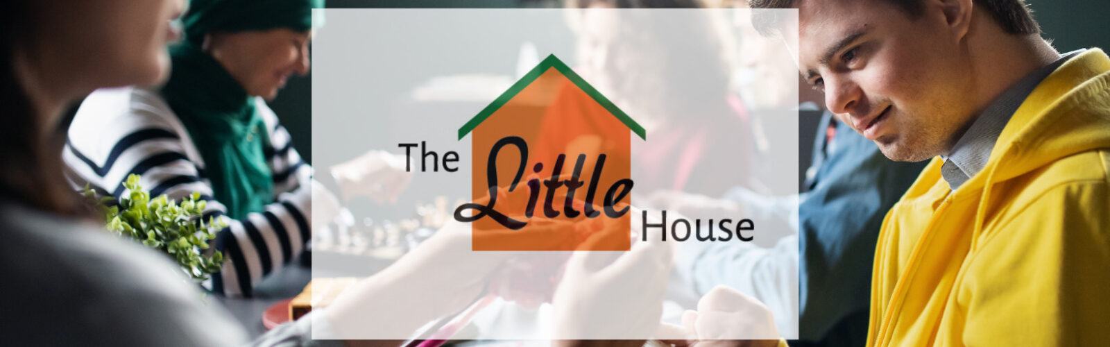 A group of people are gathering, there is an overlay with The Little House Logo featuring a simple Orange House and the words 